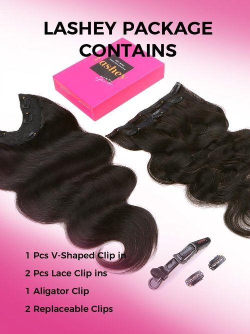 Lashey V Shape Invisible Clip in & Lace Clip in Hair Extensions Human Hair, 16 Inch 120g Set (1 V-Shaped + 2pcs Lace Clip ins), Natural Black Body Wave No Leave Out Hair Extension for Women