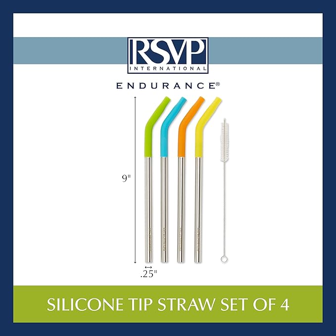 RSVP International Endurance Stainless Steel w/ Silicone Tip Straws, 9 Inch, | Reusable & Multi-Color | BPA-Free Silicone | For Smoothies, Frappes, Sodas, Tea & More | Dishwasher Safe