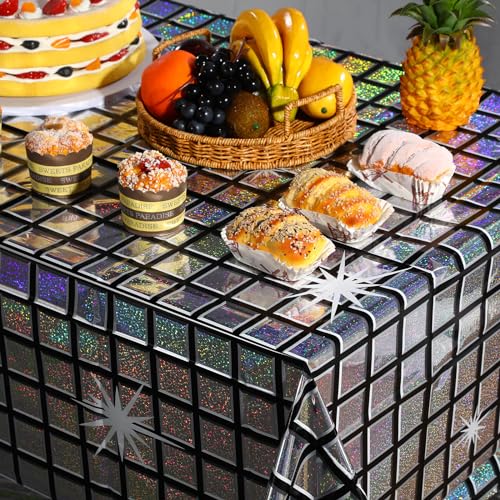 FunnyPars 3 Pack Disco Tablecloth Party Decorations, Shiny Iridescent Disposable Laser Rectangle Table Covers, Silver Plas...