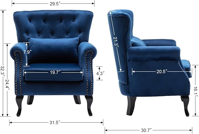 DM Furniture Mid-Century Accent Chair Modern Button Tufted Armchair Wingback Club Chair Velvet Single Sofa Lounge Chair with Pillow for Living Room Bedroom, Blue