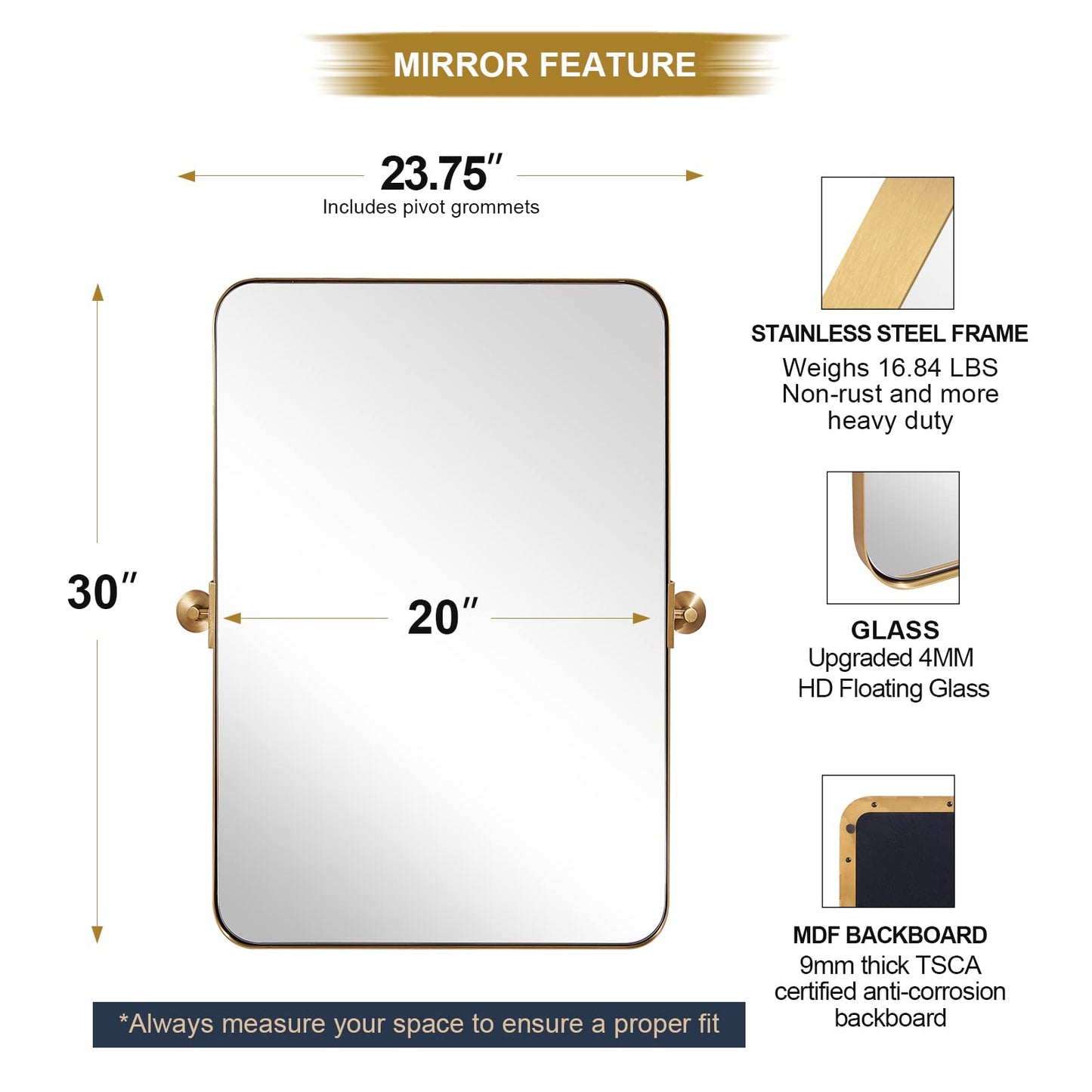 ANDY STAR 20"x30" Brushed Gold Pivot Mirror for Bathroom, Brass Metal Frame Bathroom Mirrors for Wall，Rectangle Titling Vanity Wall Mirror with Rounded Corner Design Hangs Vertically Only