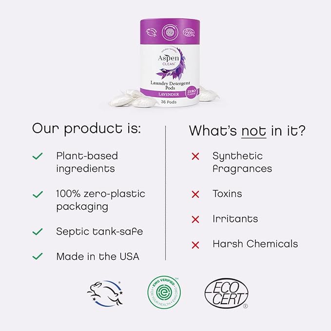 Aspen Clean Lavender Laundry Pods, New and Improved Packaging, Zero Plastic, EWG Verified™, Hypoallergenic Natural Laundry Detergent - 36 Count