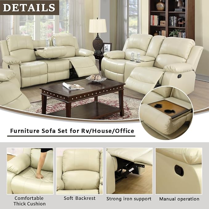 A Ainehome Living Room Furniture Set Leather Recliner Sofa Set Loveseat Chair Furniture Sofa Set for Living Room/Small Space/Rv/House/Office/Theater Seating (A-Beige Leather, Sofa+Loveseat)