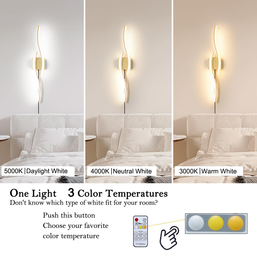 Daunton Modern Gold Plug in Wall Sconce Set of 2, Indoor Dimmable Light Fixture with Plug in Cord for Living Room, LED Sconces Lighting with Remote Control, Wall Lighting Decor for Hallway Bedroom
