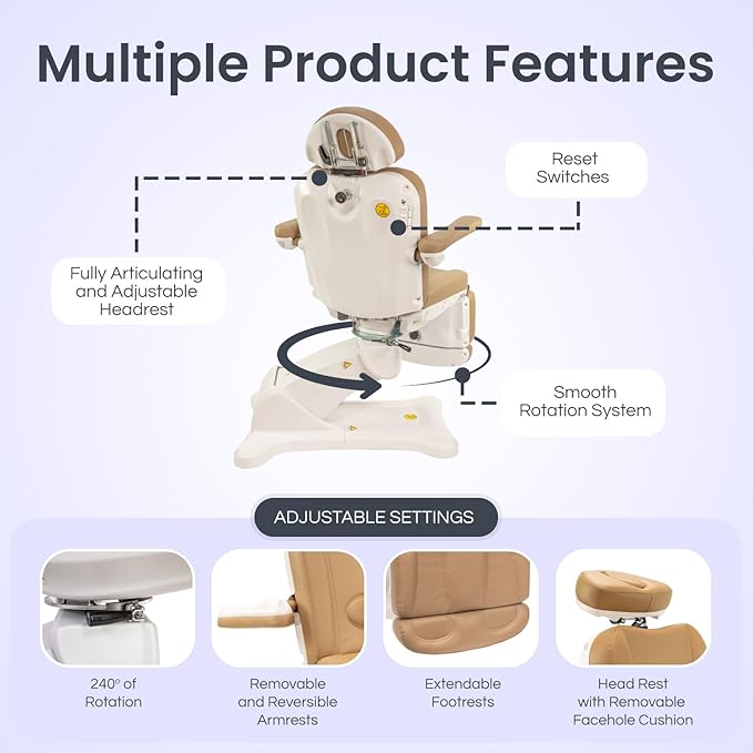 Professional Facial, Massage, and Medi Spa Exam Chair for Esthetician - All-Electric 4-Motor Procedure Table with 240° Swivel and Adjustable Headrest - 440lb Capacity, (Ivory)