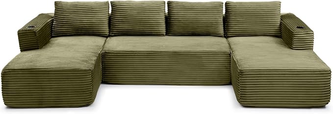 132 Inch Modular Sectional Sleeper Sofa, Boneless Cloud Couch for Living Room, U Shaped 5 Seat Sofa with 2 Cup Holders, Free Combination, No Assembly Required (Green)
