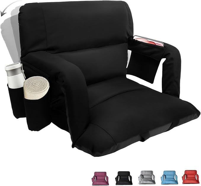 Stadium Seats with Back Support,Wide Stadium Chairs with Back and Cushion, Sofa Style Stadium Seats, 6 Reclining Positions, Extra Thick Bleacher Seat for Sports Events (Black-1 Pack, Wide|22.5")