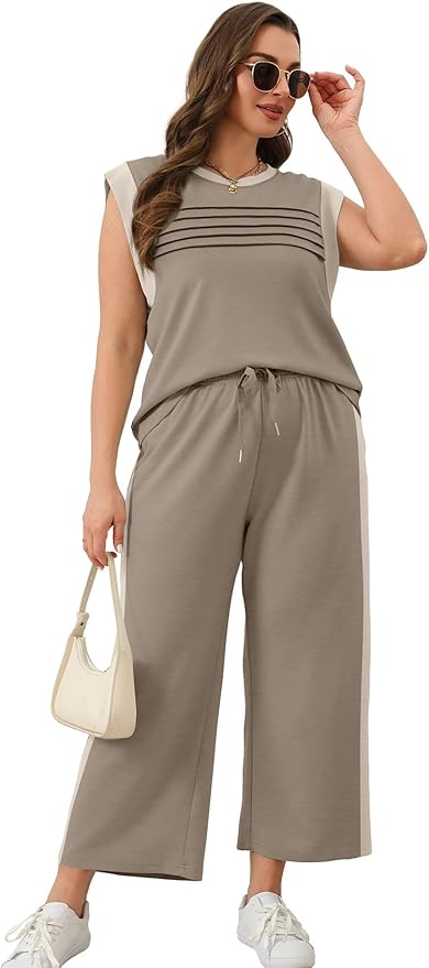 WIHOLL 2 Piece Sets for Women Summer Lounge Sets Travel Vacation Outfits Cap Sleeve Sweatsuit Side Slit Wide Leg Pants S-3XL