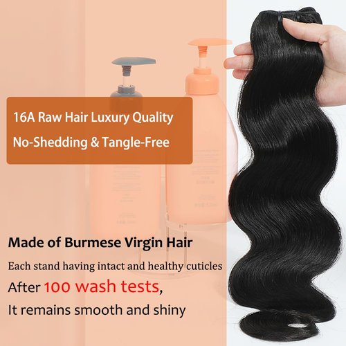 Raw Bundles Human Hair Body Wave Bundles, 18 Inch 16A Raw Hair Bundles Burmese Hair Bundles, 3 Years Service Life, Keep Texture Silky Soft Tangle-Free after Multiple Washes