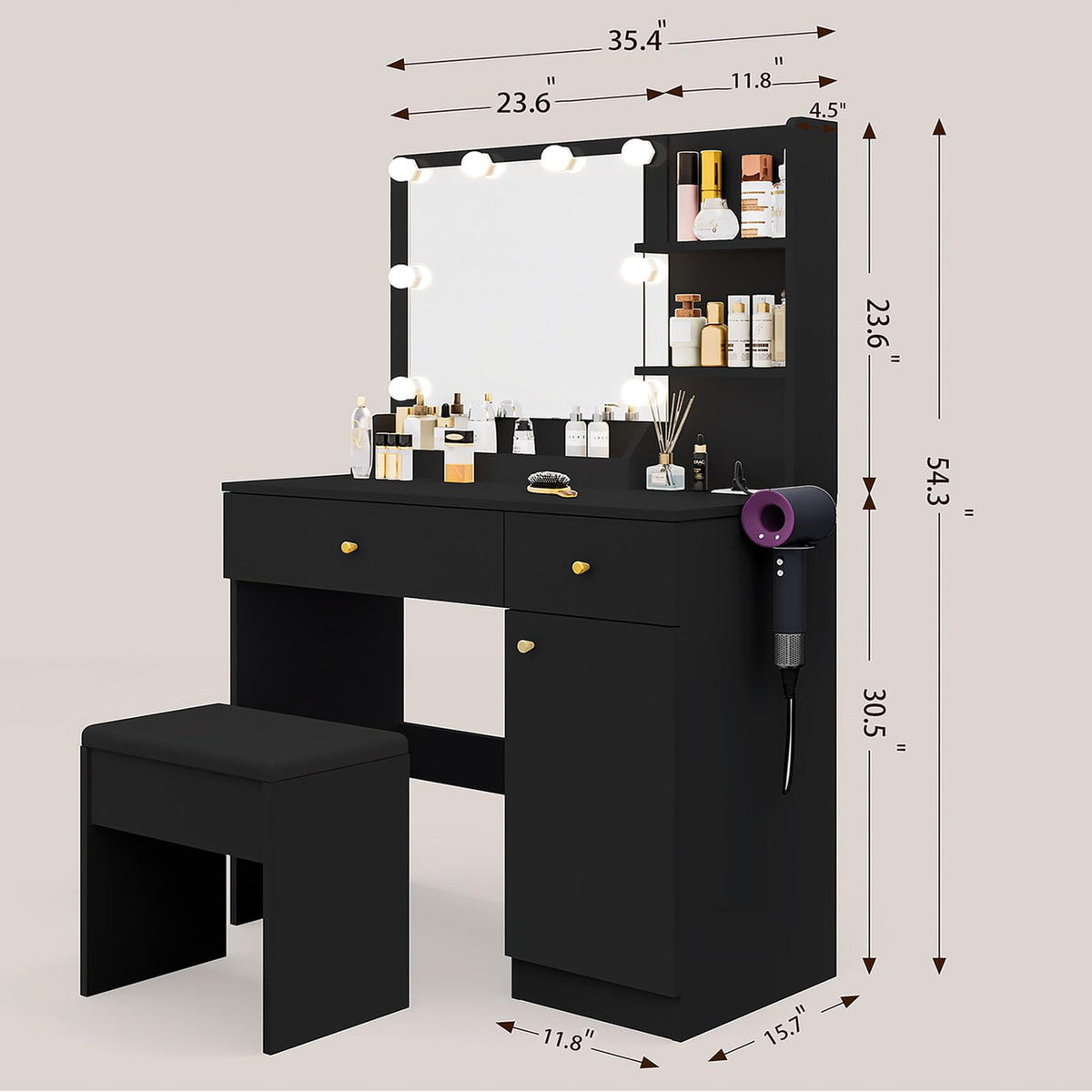 Yegosh Vanity Desk 35.4 Inch Makeup Vanity Table with Mirror and Lights Drawers & Cabinet Storage Shelves Cushioned Stool Dressing Table Set Include Charging Station Hair Dryer Stand (Black)