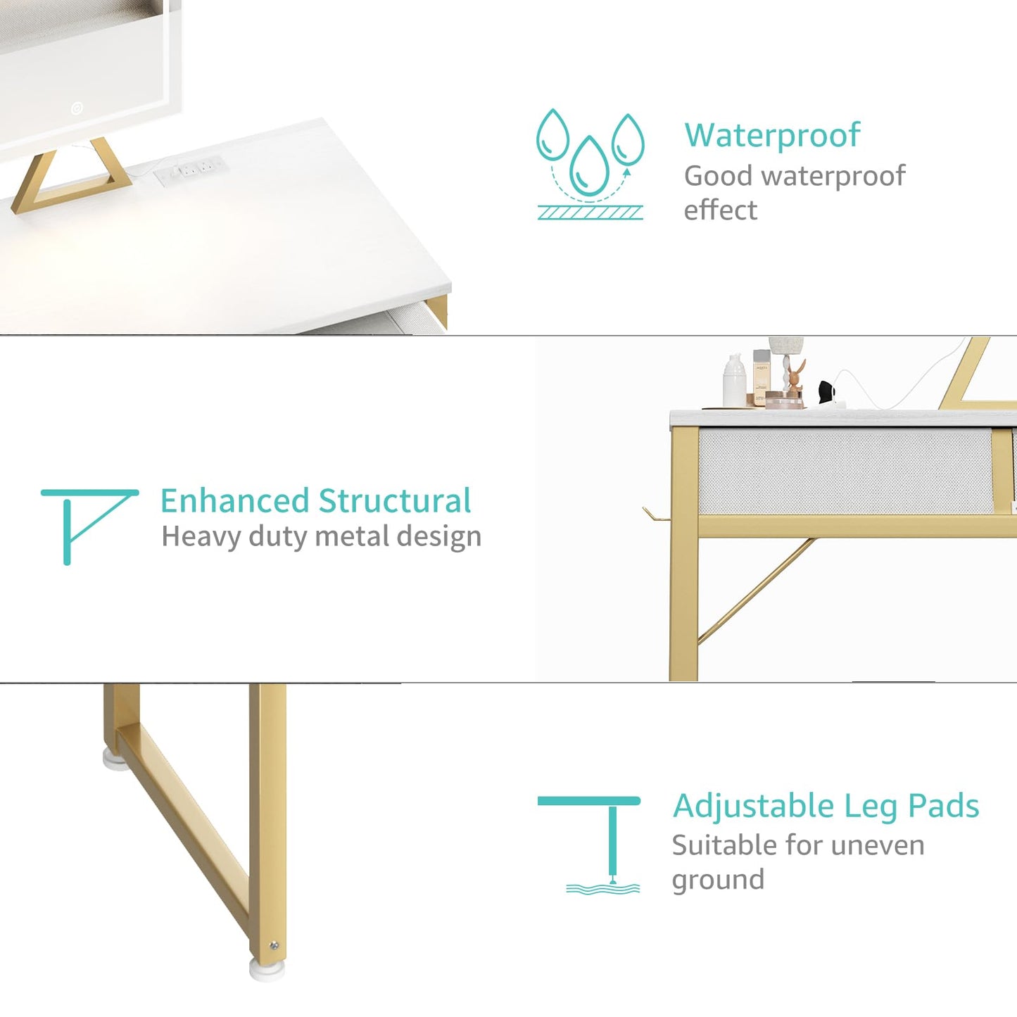 Lufeiya Small Makeup Vanity Desk with Mirror and Light, 32 inch White Vanity Desks Sets with Fabric Drawers for Girls Teen, Dressing Table and Chair Set with Power Outlet for Bedroom, White Gold