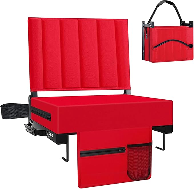 Aliphon Stadium Seat for Bleachers with Back Support and Cushion, Bleacher Seats with Shoulder Strap and Cup Holder, Padded Portable Folding Comfort Stadium Chair, for Sports Events, Red (1pcs)