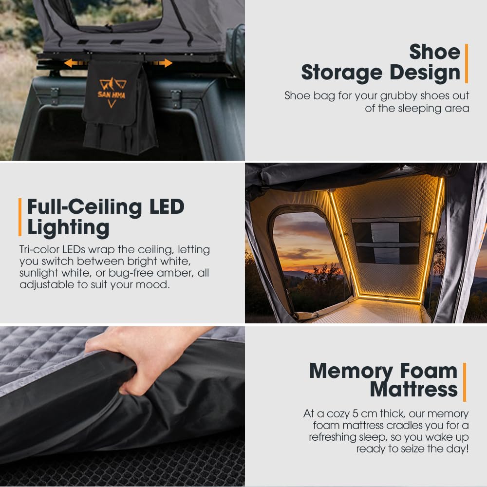 Sanhima Rooftop Tent Hard Shell - Hotham Overland Aluminium Roof Top Tent w/Larger Space, Full Ceiling LED Light & Skyview Window, 2” Thick Mattress, for Car SUV Truck Camping, 2-3 People, Gray