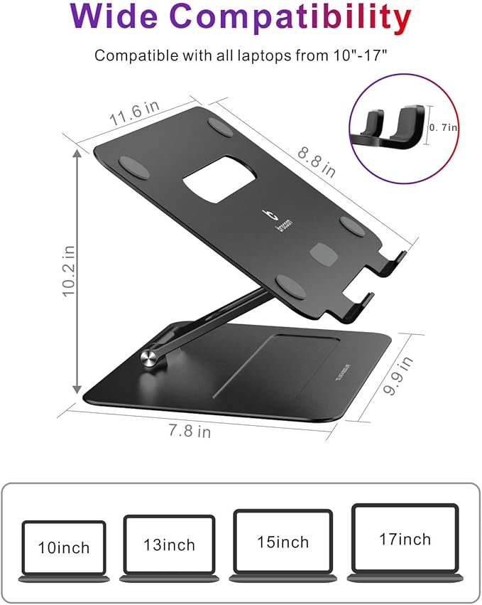 brocoon Adjustable MacBook Laptop Stand for Desk | Ergonomic Aluminum Laptop Riser with Heat-Vent, Compatible for 10-17" Laptops, Dark Black