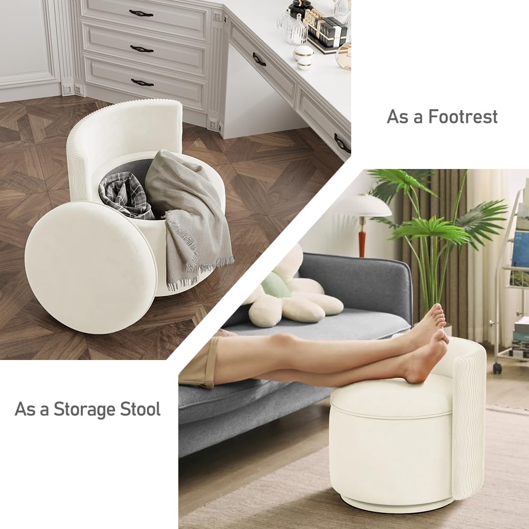 allamazing 360° Swivel Accent Chair with Storage, Vanity Stool with Back, Velvet Storage Ottoman, Upholstered Round Barrel Vanity Chair for Living Room, Makeup Room, Bedroom (Off White)