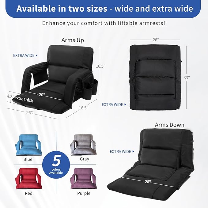 Stadium Seats with Back Support ,Wide Stadium Chairs with Back and Cushion, Sofa Style Bleacher Chairs, 6 Reclining Positions, Extra Thick Bleacher Seat for Sports Events( Black-1 Pack, Wide|25")