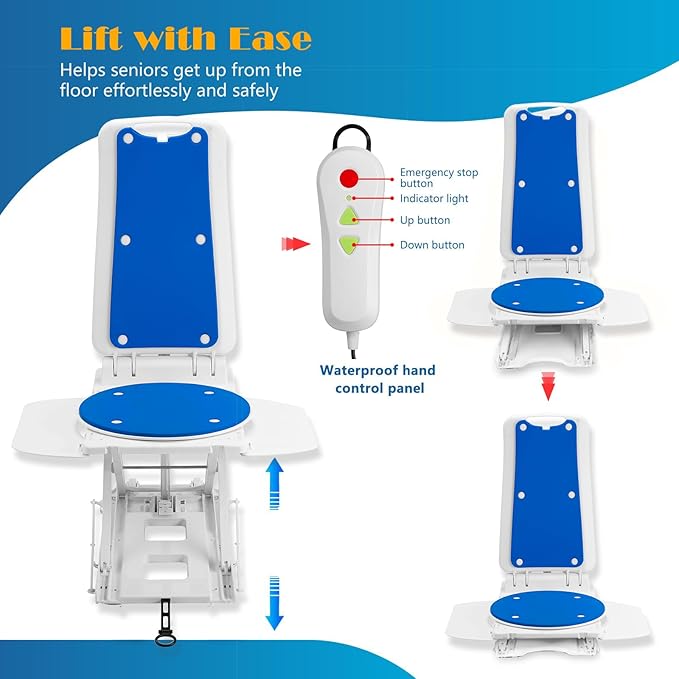 Electric Chair Lift for Senior, Remote Control Floor Lift with Padded Backseat, Bathtub Lift Elderly from Floor, Net Weight 24 LBS, Support Max 308 LBS, Safety and Waterproof Design, Include Charger