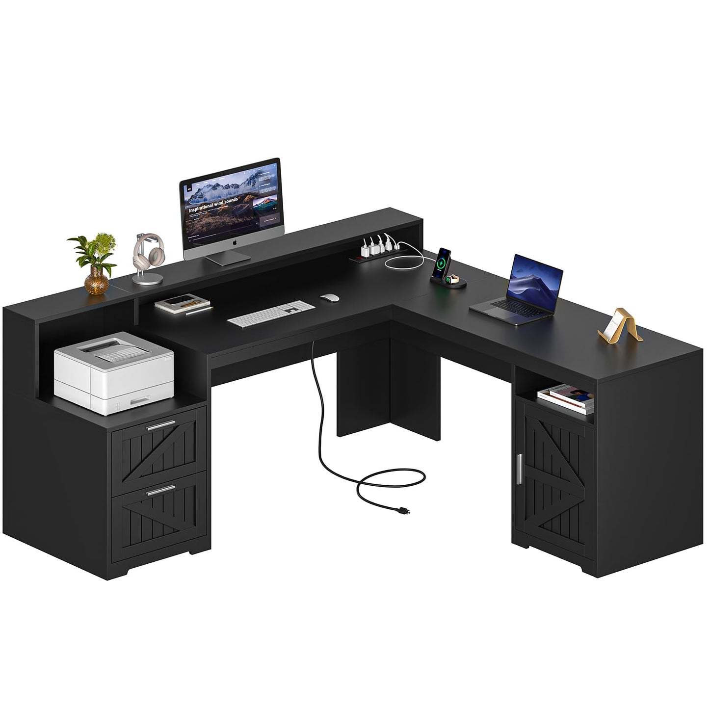 YOMILUVE 63" Farmhouse L Shaped Desk with Drawers & Storage Shelf, Corner Computer Desk with Power Outlets for Home Office, Executive Desk with Monitor Stand, Printer Shelf, Black