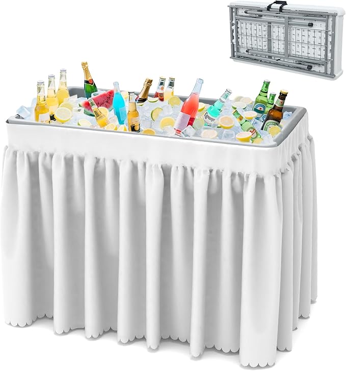 SHAREWIN Folding Ice Cooler Table, Skirt &Drain Hose Plastic Chill Table to Keep Drinks Cool, Portable Foldable Self-Servi...