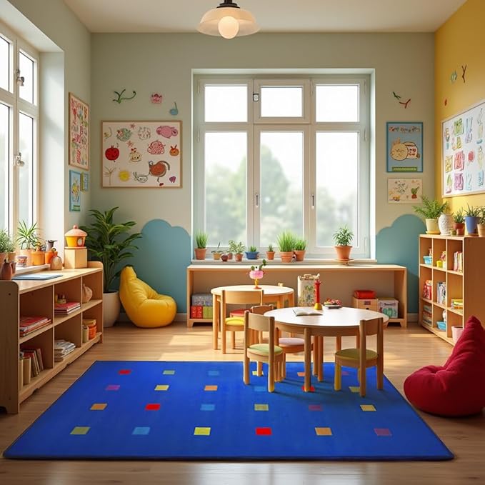 KIDCARPET.COM Seating Squares Multi on Blue 24 6' x 8'6" Rectangle, Educational Classroom Rug, Kids Learning Play Mat | Area Rug for Bedroom or Playroom
