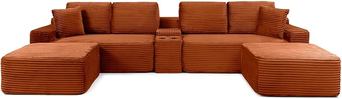150" Oversized Modular Sectional Sofa,Deep Seat Cloud Corduroy Boneless Couch with Cup Holders,USB Ports, Wireless Charging & Storage Box,Upholstered Modular Sleeper Sofa for Living Room (Orange)