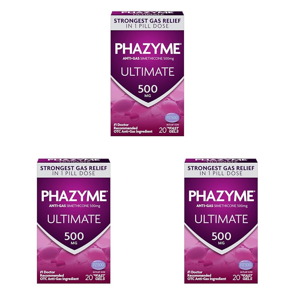 Phazyme Ultimate Strength Anti-Gas 500 mg Simethicone Gas Relief for Adults, Fast Gels Quickly Ease Bloating, Pressure and Discomfort, 20 Count (Pack of 3)