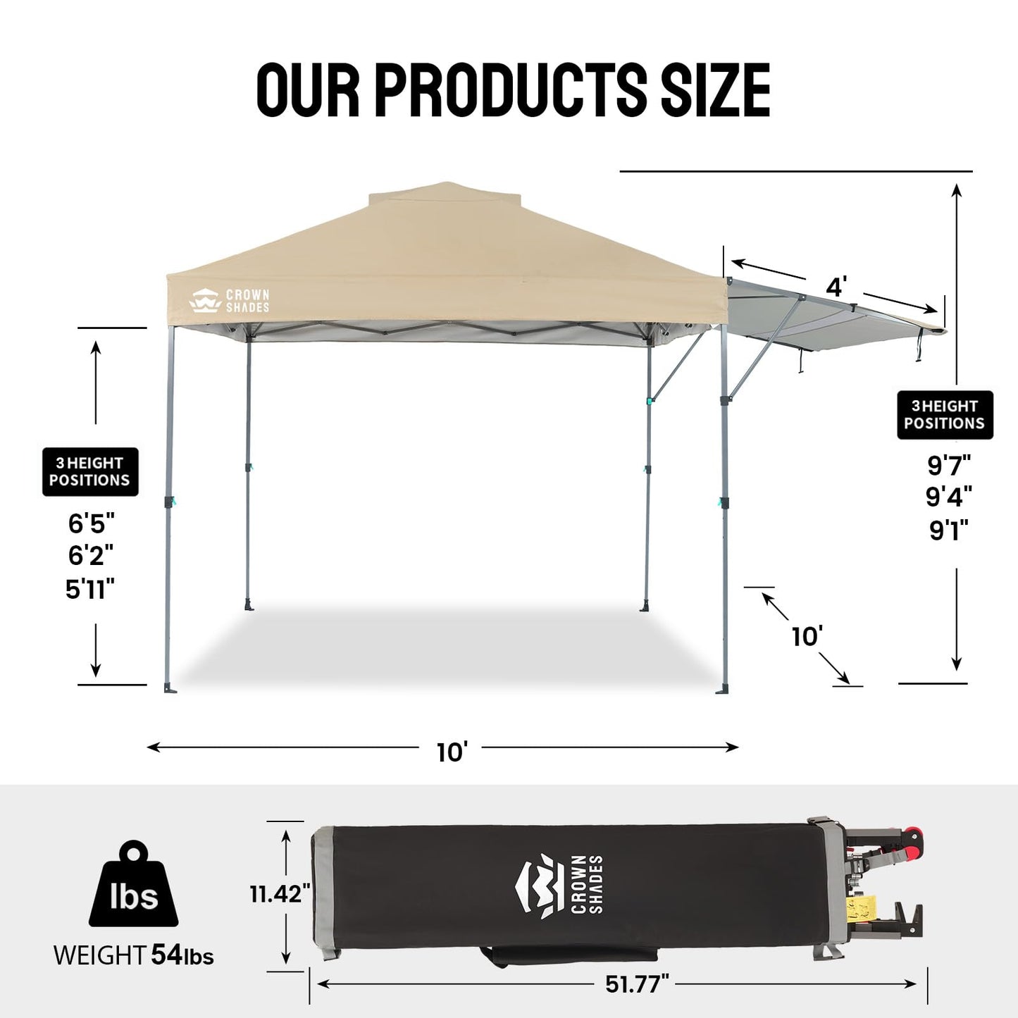 CROWN SHADES 10x10 Pop up Canopy Tent, Instant Commercial Canopy with Extend Awning, Patended Centerlock, 150D Silver Coated Fabric, 4 Ropes, 8 Stakes, 4 Weight Bags, STO 'N Go Bag, Khaki