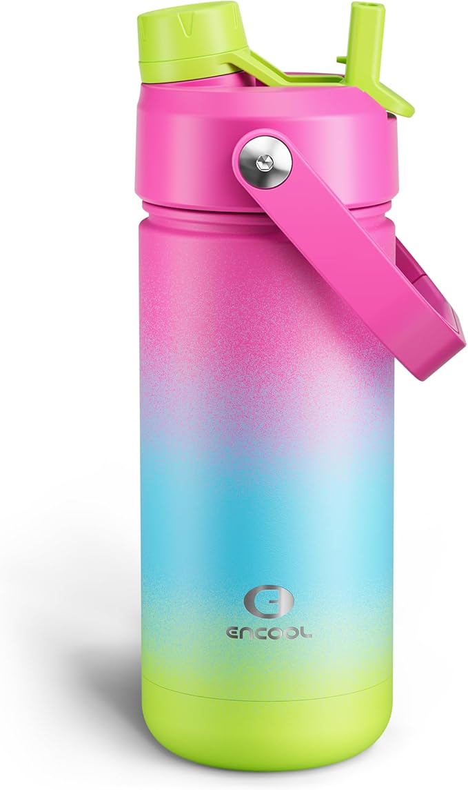 ENCOOL Insulated Water Bottle with Straw Stainless Steel Water Bottle, Leak-Proof, BPA-Free, Double Wall Vacuum Keeps Cold for 24 Hours for Sports, Travel, School (18 oz, Lime Sorbet)