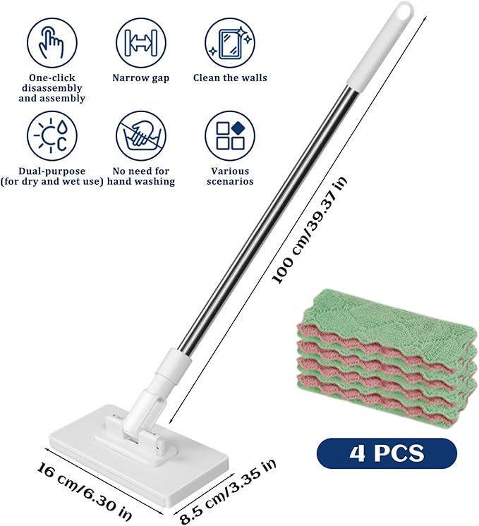 Microfiber Mop, 4 Reusable Pads Small Flat Mop, 39in Compact for Hardwood Floors & Bathroom Cleaning