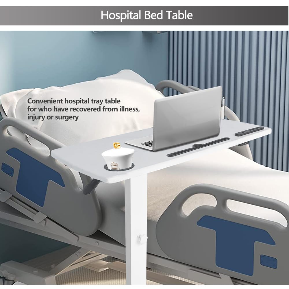 BeGyoku Overbed Table,Hospital Bed Table,Pneumatic Bed Tables Adjustable Over The Bed with Hidden Wheels&USB Port,Mobile Laptop Table Cart and Rolling Bedside Table with Tray Hospital Home Use-White1