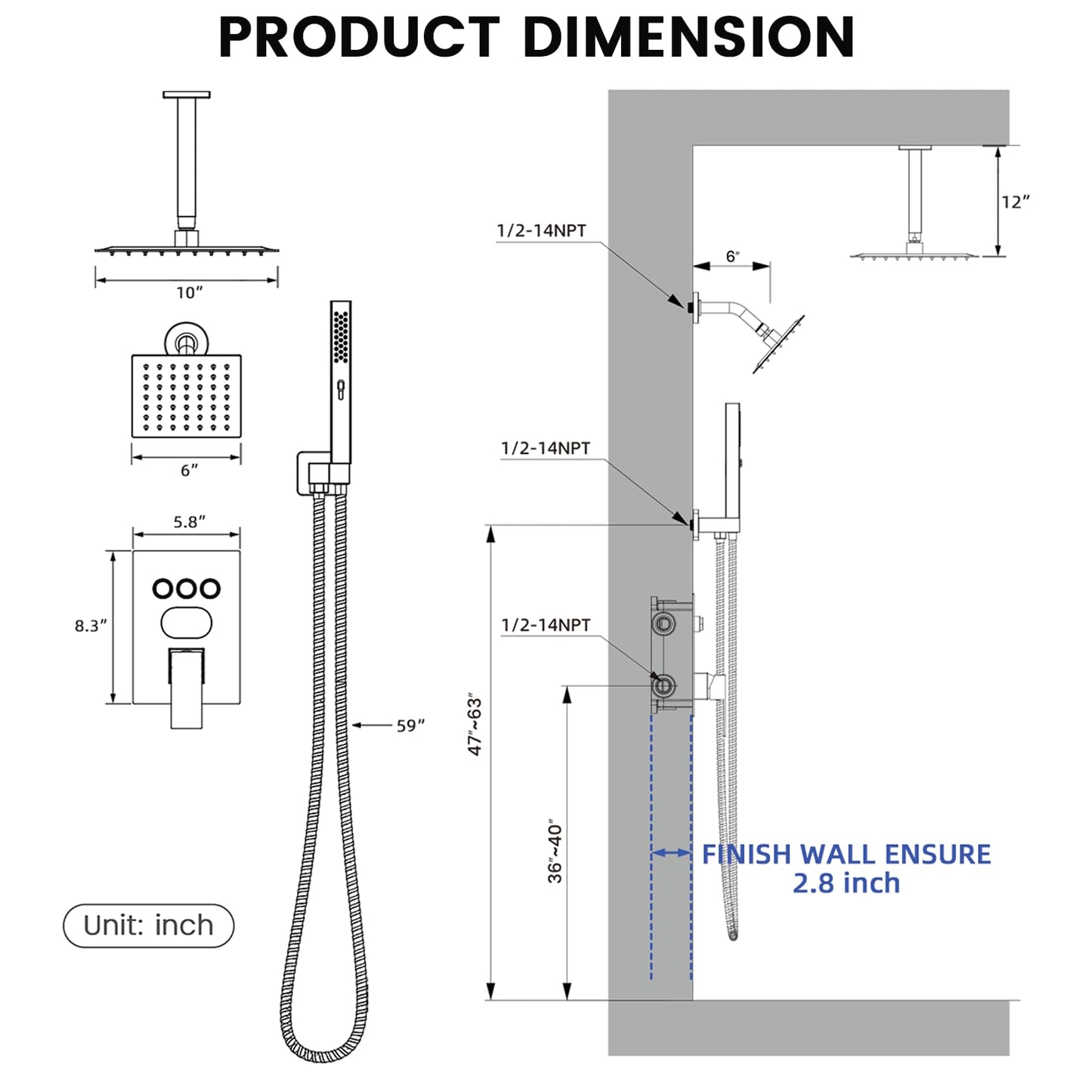 Push Button Diverter Shower Faucet Set Hydro Power Temperature Display, Shower System Ceiling Mounted 10" & Wall Mounted 6" Shower Head with 3-Spary Handheld, Matte Black
