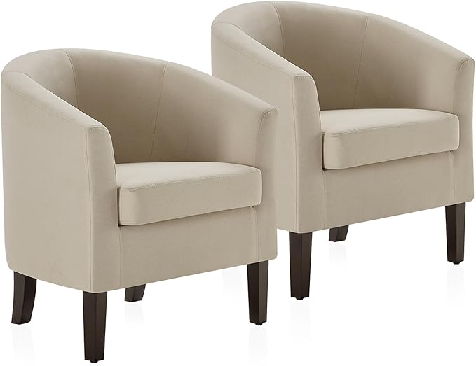 BELLEZE Accent Barrel Chair, Set of 2 Linen Round Club Tub Sofa Corner Chair with Flared Legs and Cozy Soft Padding for Living Room Bedroom Waiting Room - Beige