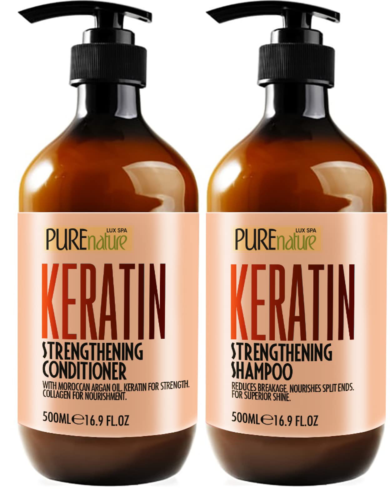 Keratin Shampoo and Conditioner Set - Sulfate and Paraben Free Treatment for Dry Hair - Anti Frizz, Collagen Enriched Formula fo