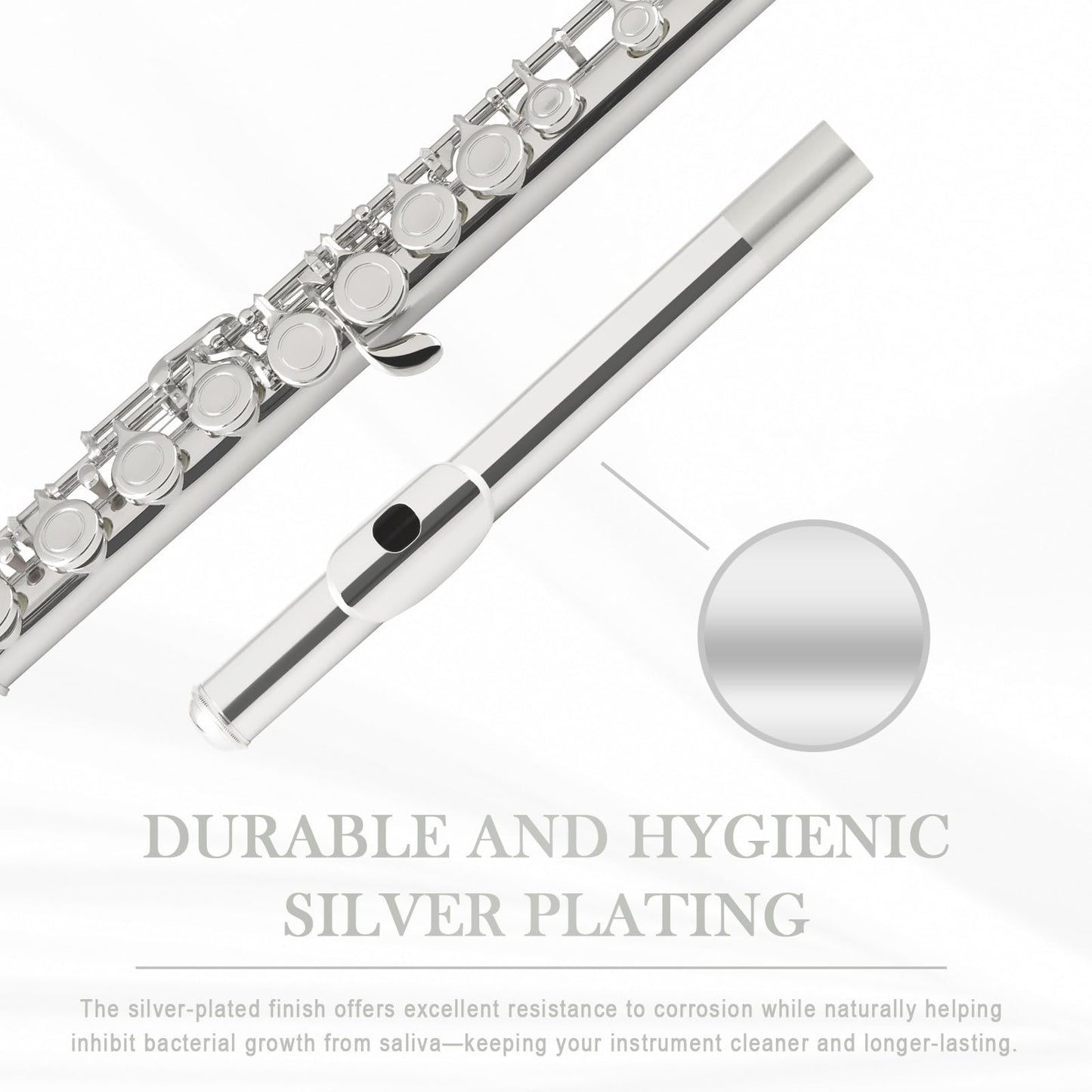 Sonicake Closed Hole 16 Keys Flute, Silver-Plated C Flutes For Beginner Student, Flute Instrument With Cleaning Kit, Carrying Ca
