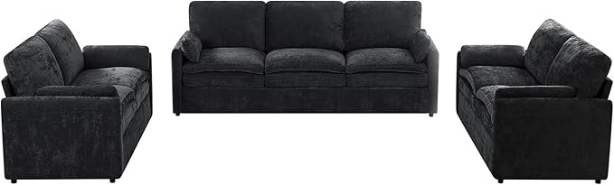 ACMEASE 3 Pieces Chenille Couch Set w/Arm Pillows, Upholstered 2 Pieces Loveseat & 3 Seater Sofa w/Comfortable Back Cushions, Modern 2-Seat & 3-Seat w/High-Density Foam for Living Room, Black