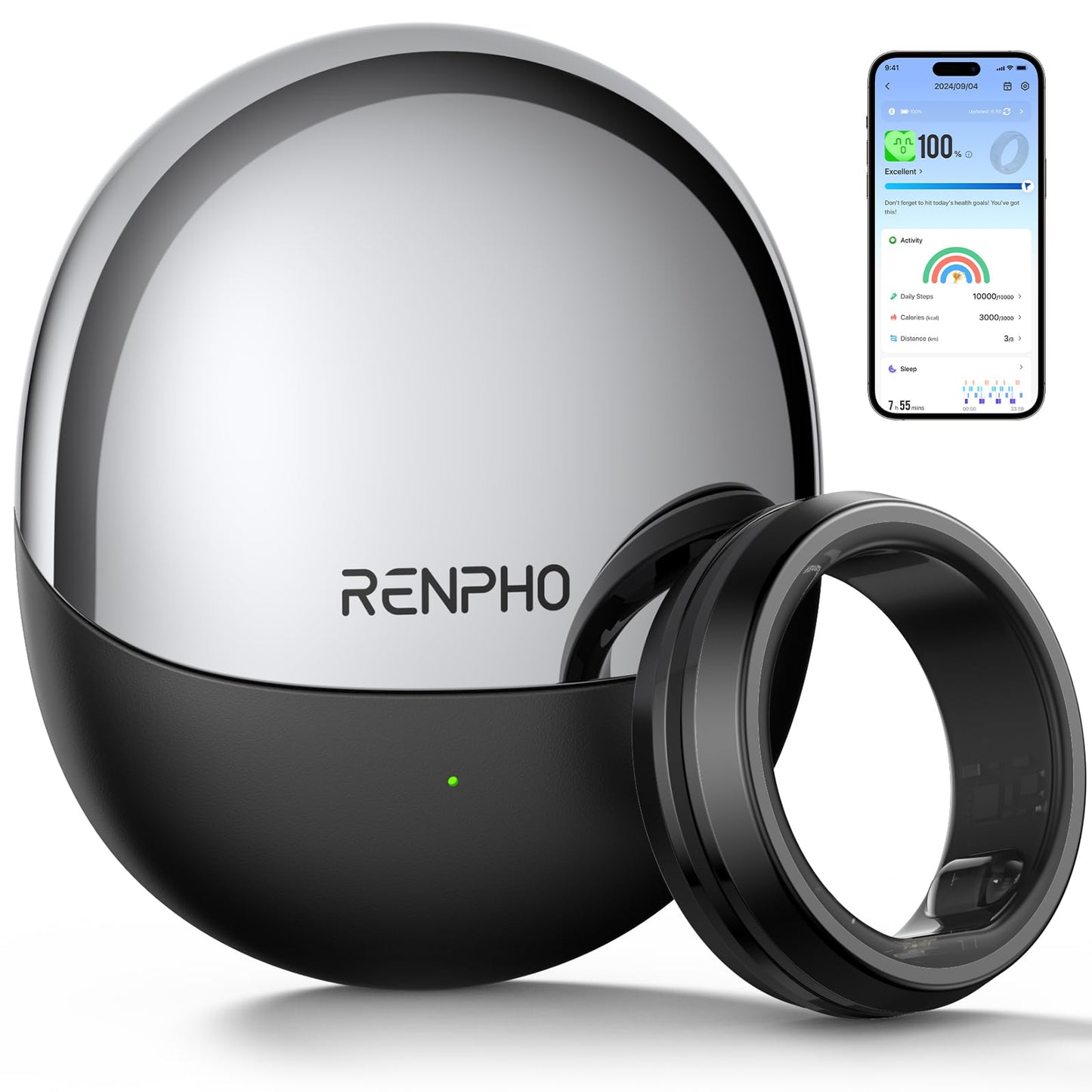 Renpho Lynx Smart Ring, Size First With Sizing Kit, 7-Day Battery Life, Titanium, Waterproof, Subscription-Free App (Black, Size