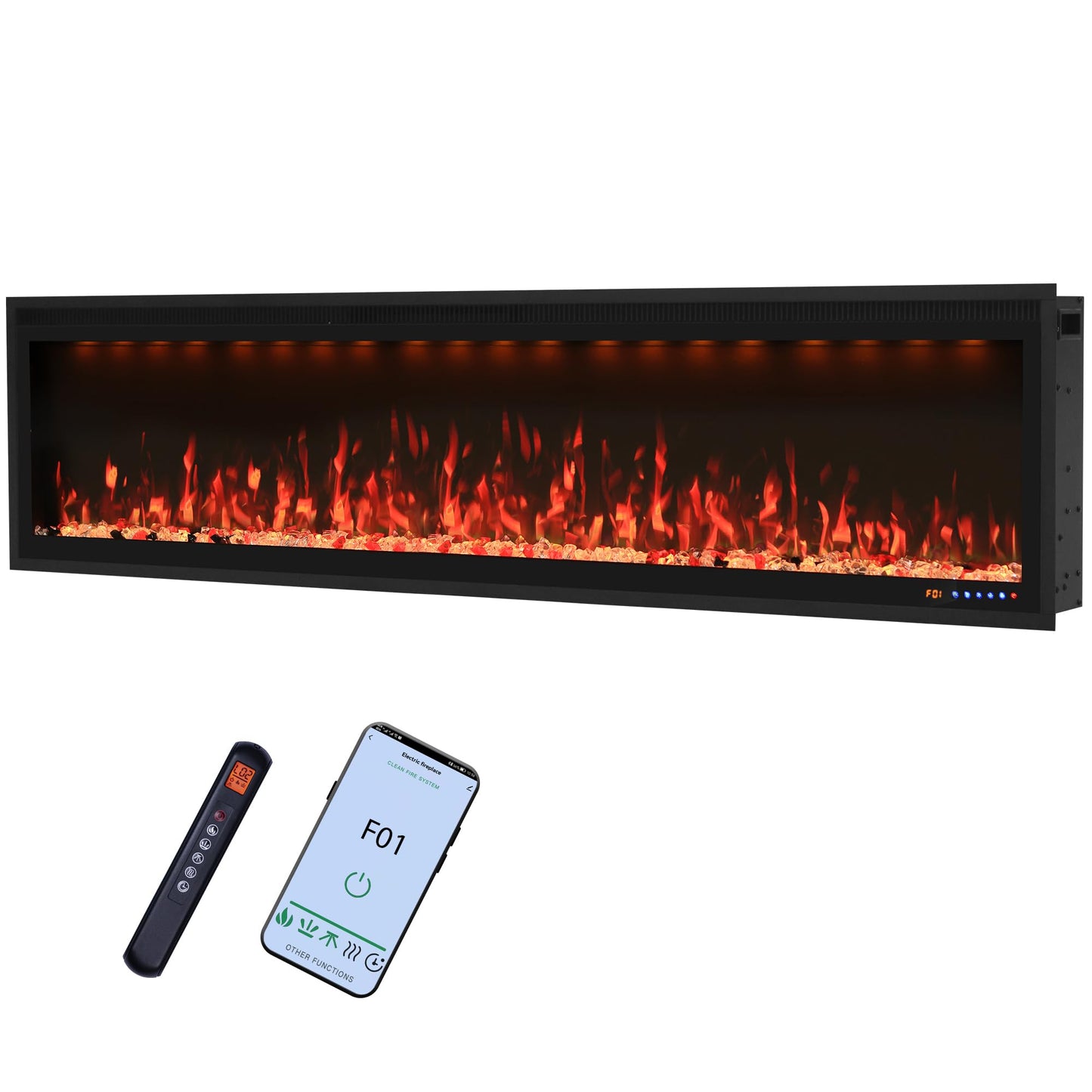 Valuxhome 74” Electric Fireplace Wall Mounted and Recessed, Ultra-Thin Fireplace Insert Indoor, Adjustable Flame and Light, Crysral & Log, 507 Color Combinations, App, Touchscreen and Remote Control