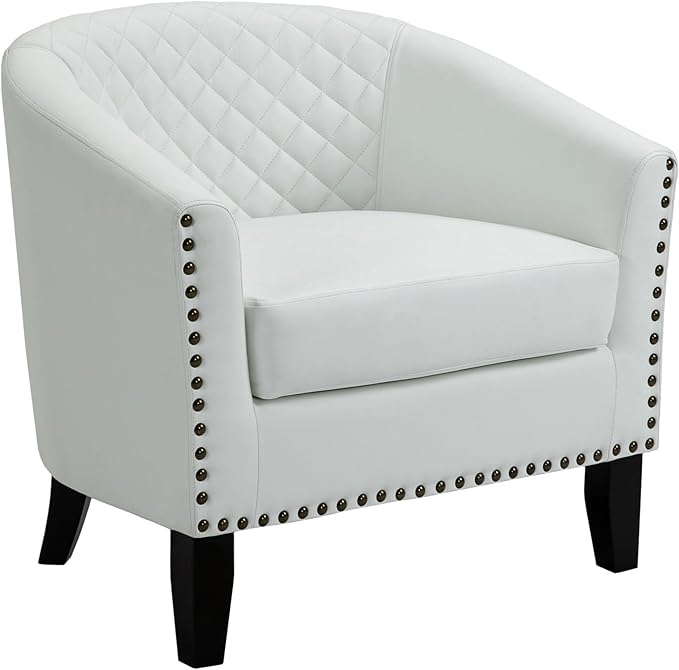 UIXE Faux Leather Barrel Accent Chairs Set of 2, Modern Club Upholstered Arm Chair, Comfy Armchair Nailed Trim Living Room Single Sofa Reading Seat Bedroom Side Sitting for Office, White