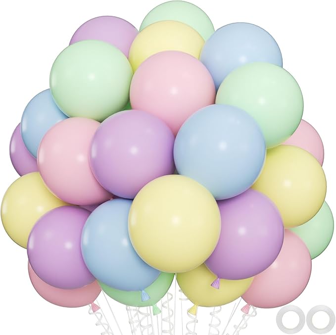 100-Pack Mix Macaron Balloons Kit, Helium Quality Paetel Pink Blue Purple Green and Yellow Latex Balloons for Birthday, Ba...