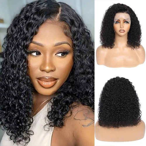 DZFAYESM 13x4 Deep Wave Lace Front Wigs Human Hair 200% Density Black Curly Human Hair Wig Short Natural Wigs for Black Women Transparent Lace Frontal Wig for Daily Wear 18 Inch