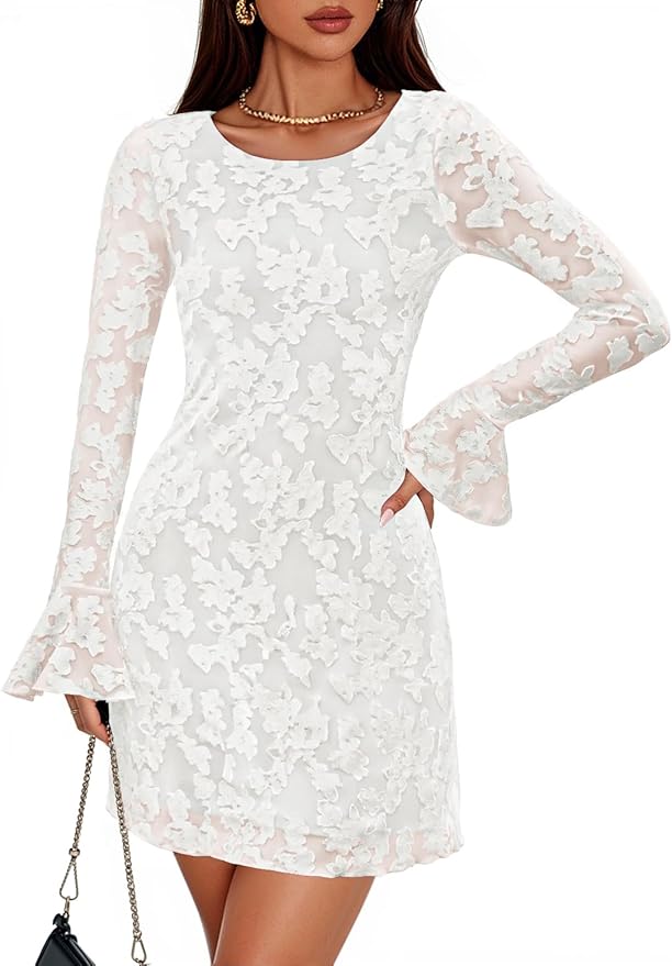 ZESICA Long Sleeve Mini Dresses for Women Spring Mesh Floral Crewneck Bodycon Wedding Guests Cocktail Party Short Dress