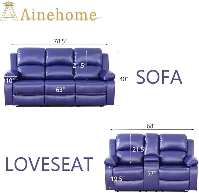 A Ainehome Living Room Furniture Set Leather Recliner Sofa Set Loveseat Chair Furniture Sofa Set for Living Room/Small Space/Rv/House/Office/Theater Seating (A-Blue Leather, Sofa+Loveseat)