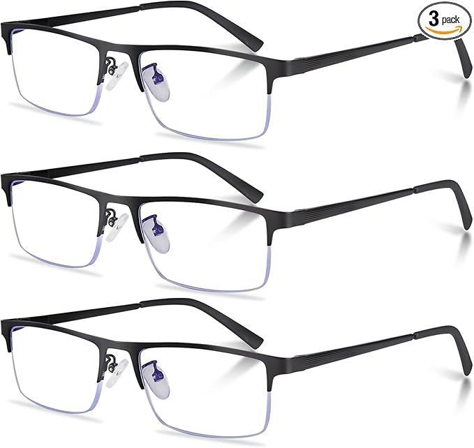 Anourney 3-Pack Reading Glasses for Men, Lightweight Metal Half Frame Blue Light Blocking Computer Readers, Stylish Filter...