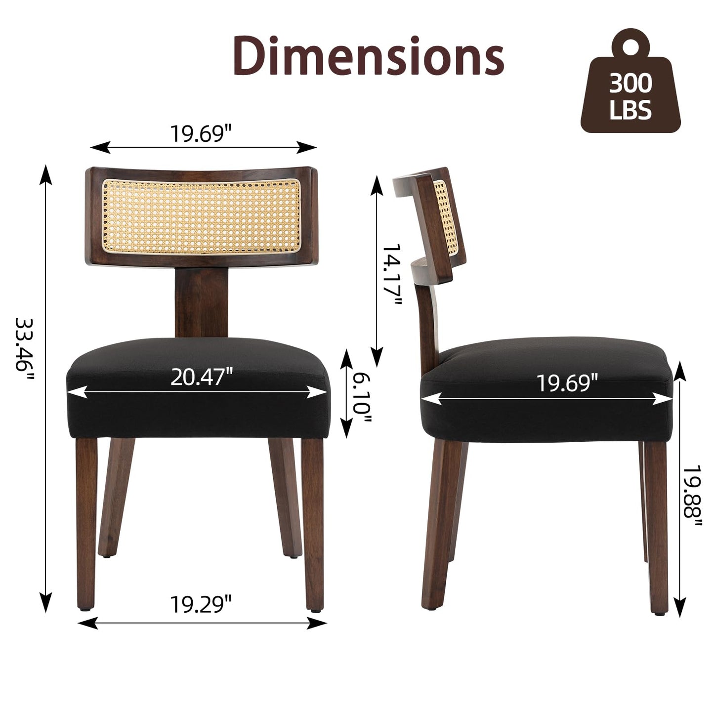 ZJhome Upholstered Rattan Dining Chairs Set of 4, Mid-Century Modern Fabric Dining Room Chairs with Brown Hardwood Frame, Curved Backrest Kitchen Armless Accent Chairs for Living Room (Black)