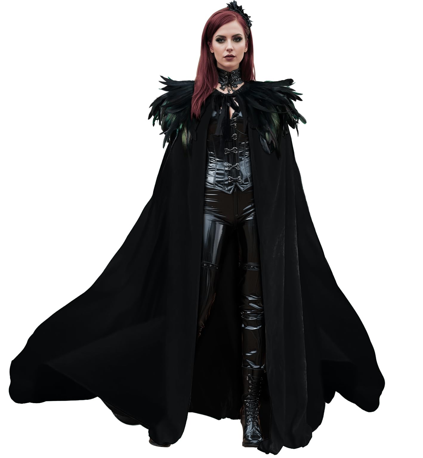 L'VOW Women Feather Collar Velvet Cloak Vampire Cape Witch Queen Cosplay Halloween Costume(Black)