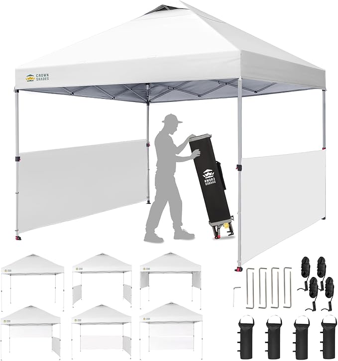 CROWN SHADES 10x10 Pop up Canopy Tent Instant Canopy with 150D Silver Coated Fabric Including 2 Half Sidewalls, 4 Ropes, 8...
