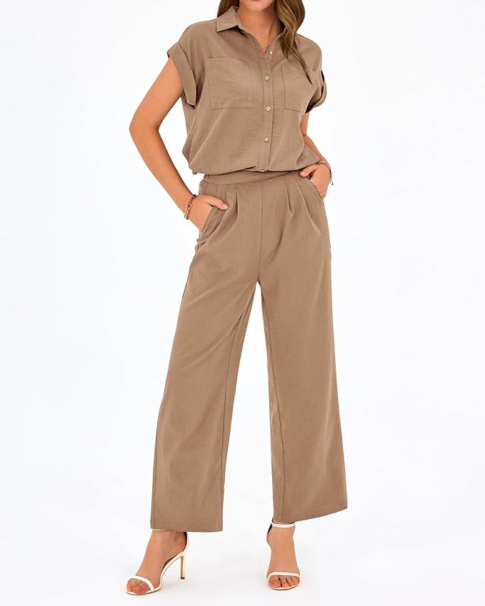 PRETTYGARDEN Womens 2 Piece sets Summer Cap Sleeve Tops Palazzo Pants Dressy Casual Vacation Travel Outfits Tracksuits
