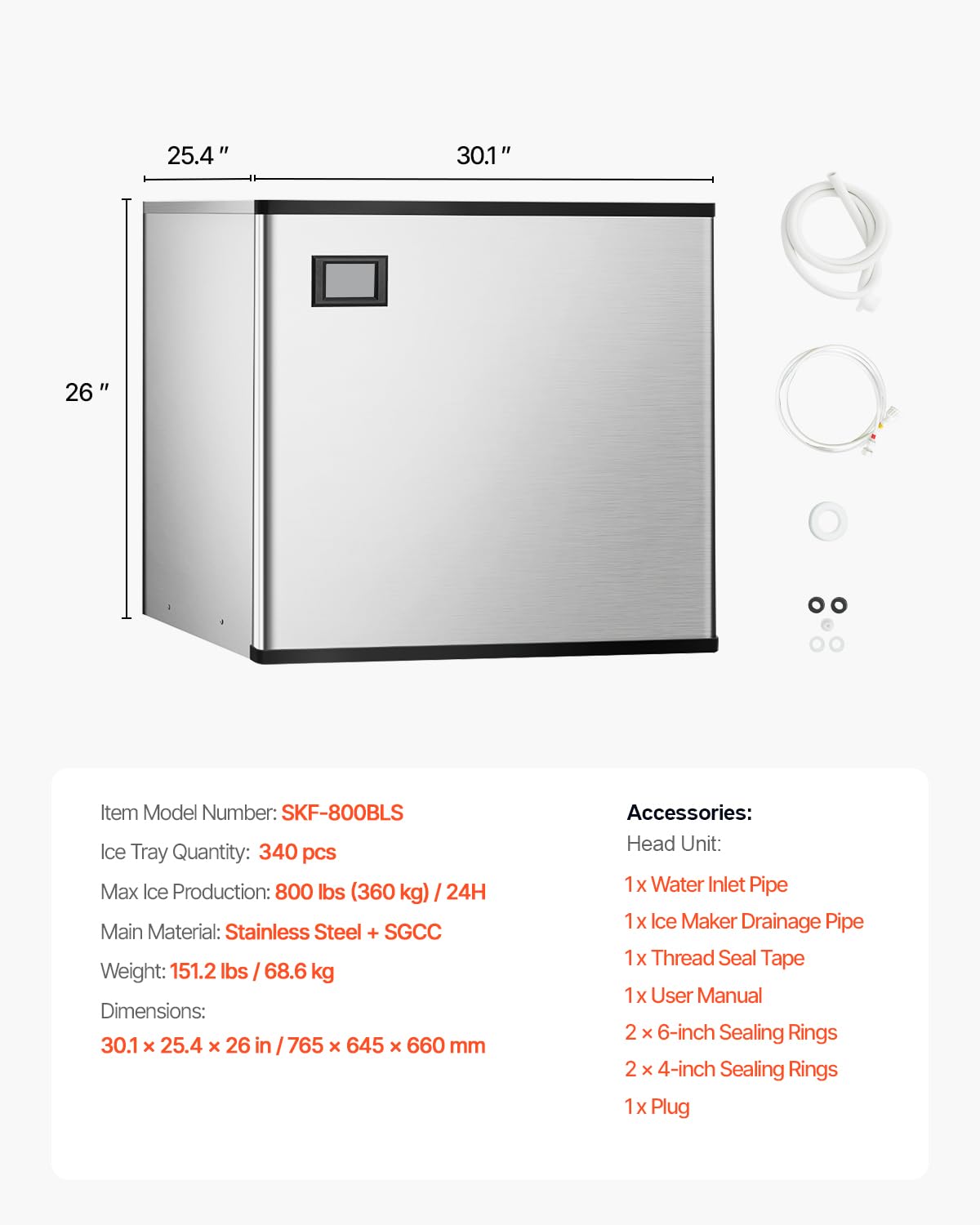 VEVOR Commercial Ice Maker Machine-Head 800 lbs/24 h, 26 Inch Stainless Steel Industrial Ice Machine, Self-Cleaning and Scheduled Ice Making, Modular Ice Cube Machine for Restaurant Hotel - Head Only