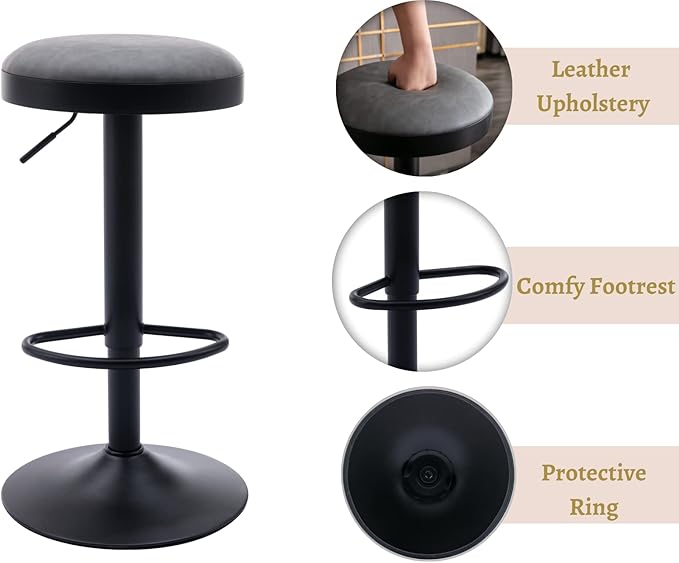 EALSON Modern Swivel Bar Stools Set of 2 Adjustable Counter Height Backless Barstools with Metal Base Leather Upholstered Round Bar Stool Chairs for Kitchen Island/Pub/Breakfast Bar, Grey