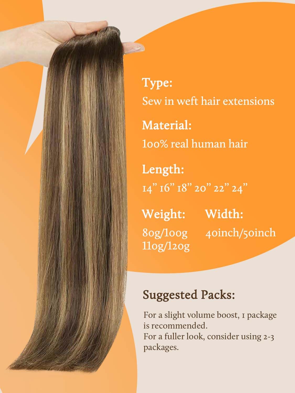DOORES Sew in Hair Extensions Real Human Hair, Balayage Chocolate Brown to Caramel Blonde 18 Inch 100g, Weft Extensions Natural